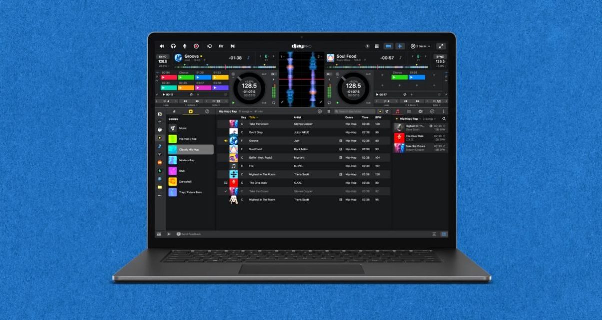 Laptop with djay Pro AI for windows on a blue background