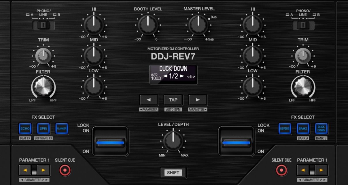 Top third of DDJ-REV7 mixer section